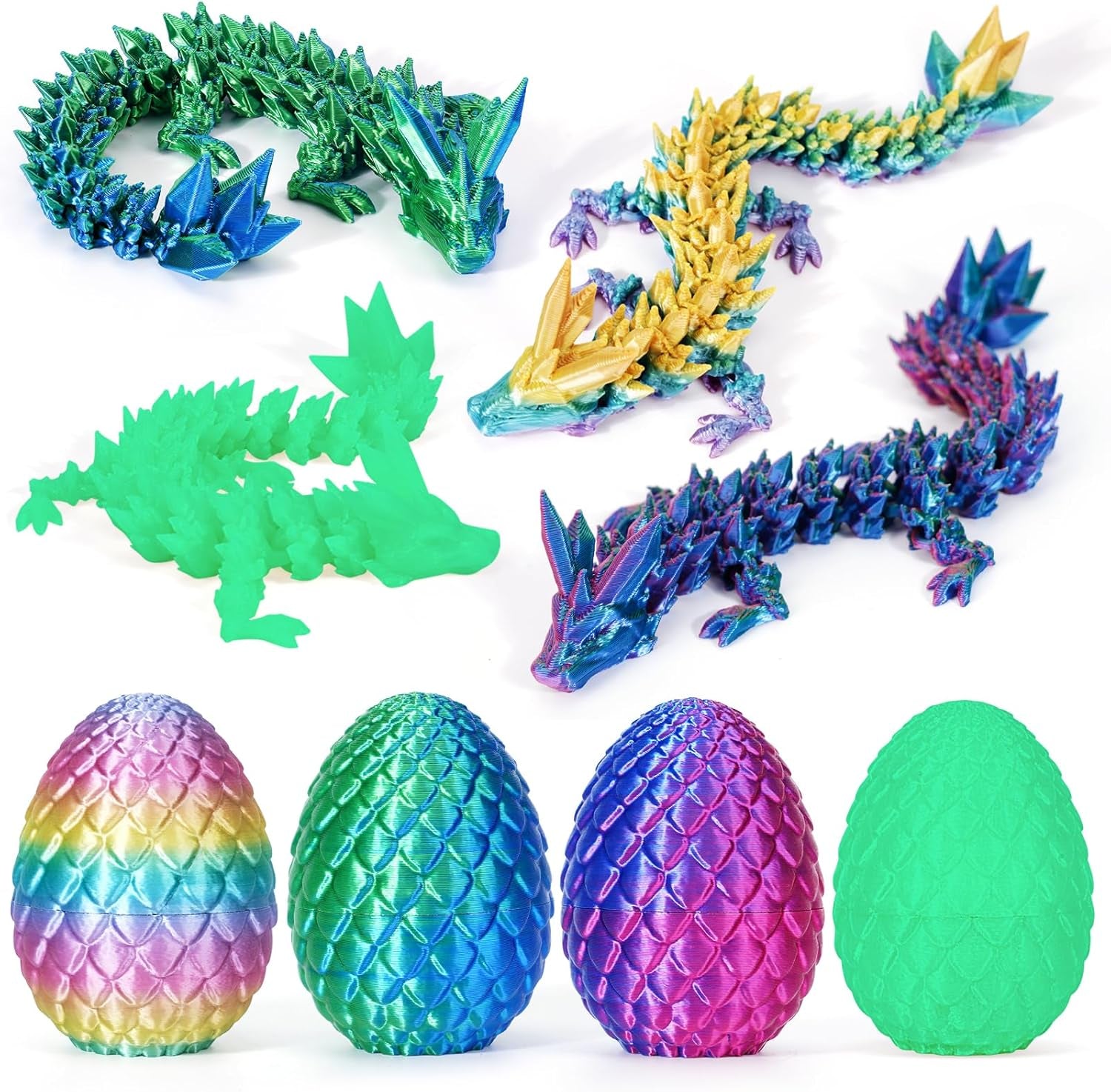 4PCS 3D Printed Dragon Egg, Articulated Crystal Animals Fidget Toy Kid, Small 3D Printer Dinosaur Dino Eggs Toy Easter Gifts for Kids Boy Girls (4-Piece-C)